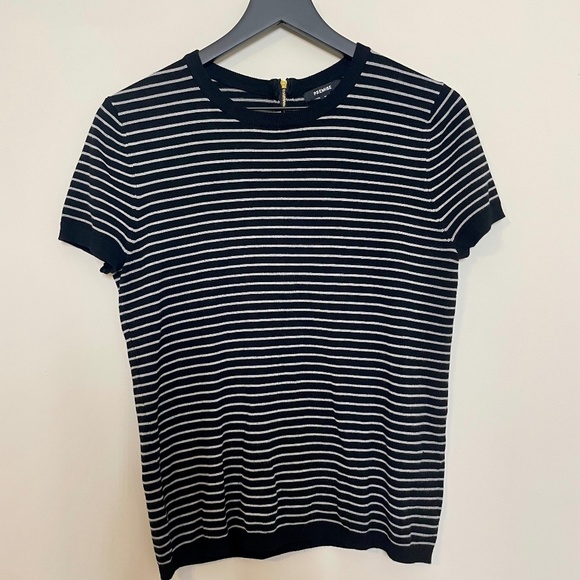 Premise / Black & White Striped / Short Sleeve Sweater w Gold Exposed Zipper / M - Picture 2 of 5